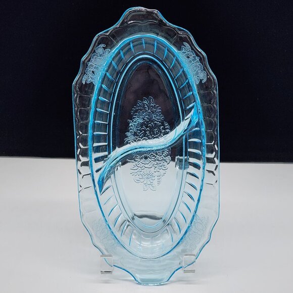 Vintage Anchor Hocking Blue Mayfair Open Rose Divided Relish Dish Oval - Picture 10 of 10